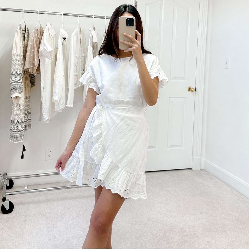 Aritzia Wilfred 100% Linen Ninette Ruffled Faux Wrap Dress in White